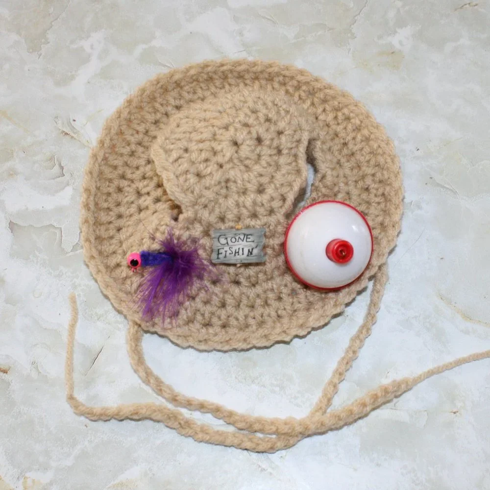 HAND CRAFTED Hat Crochet Dog Gone Fishing Costume Photo Prop Tan Cap Outdoor